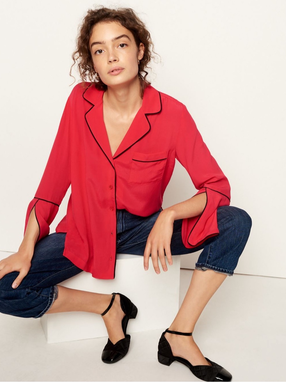 Anthropologie Porridge Rochelle Hot Pink Button Down Blouse Bell Sleeves Size S
